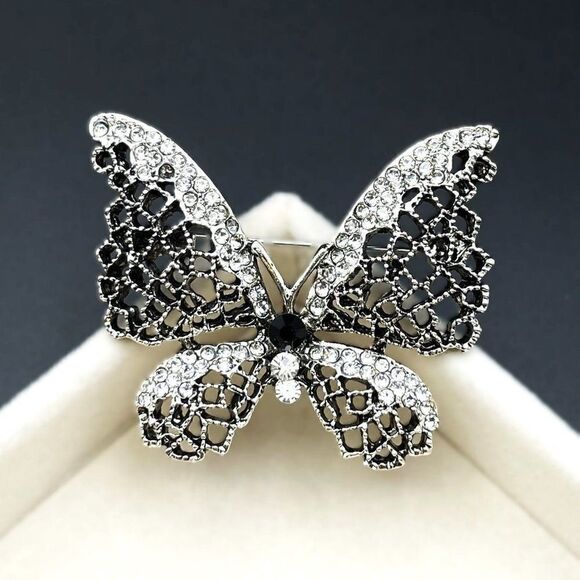 Silver with Onyx and White Diamond Crystal Filigree Butterfly Pin Back Brooch - Picture 2 of 7